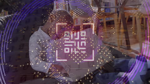 Digital Composite with QR Code and Child Using Laptop