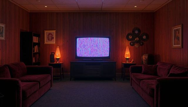 Retro Basement Room with Flickering TV and Lava Lamps