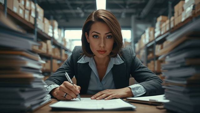 Professional manager reviewing documents in warehouse archive