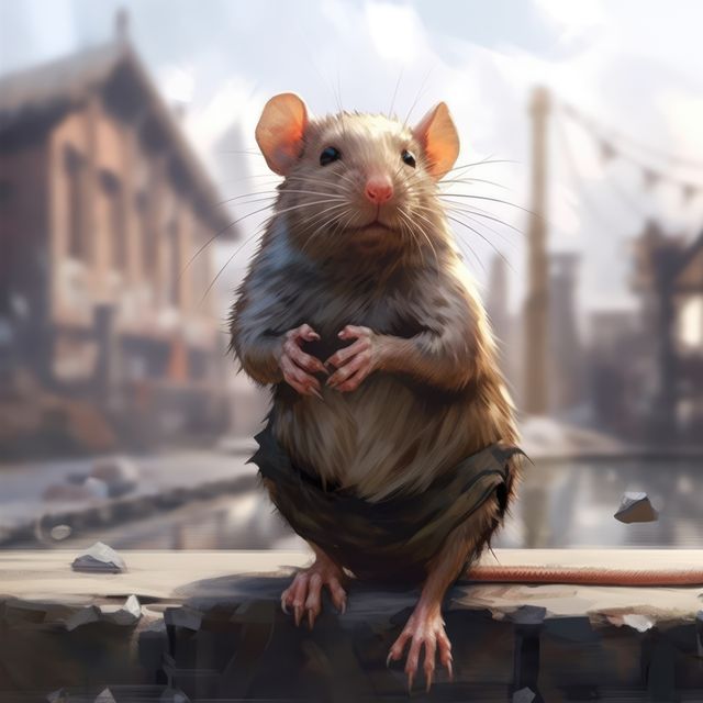 Urban rat standing outdoors on a city street. Perfect for depicting urban wildlife, nature interactions, and rodent behavior in promotional content or educational articles. Can be used in materials discussing wildlife in urban environments, sustainability, or public health topics.