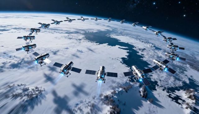 Orbital ring of cylindrical satellites circling polar low earth orbit with solar thrusters