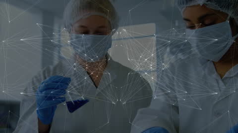 Connected Female Scientists in Laboratory with Digital Network Overlay