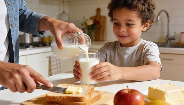 Parent pouring milk for child while buttering toast on kitchen countertop