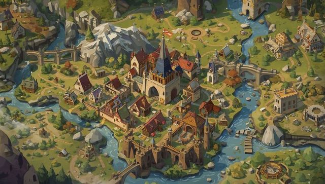 Isometric medieval riverside citadel with blue-roof keep and stone bridges fantasy map