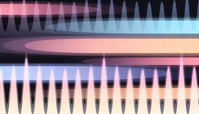 Translucent waveform layering featuring pastel gradient bands, oval peaks, generative vector