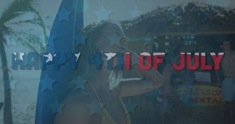 Female Surfer Celebrating Fourth of July on Beach