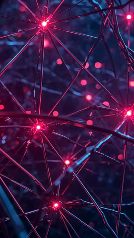 Pulling Back Vertical Video Revealing Neon Network Mesh with Pulsing Magenta Nodes
