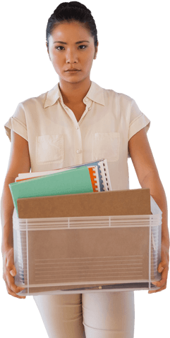 transparent young female ex-employee holding box of office belongings - Download Free Stock Videos Pikwizard.com
