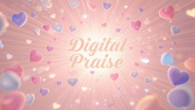 Digital praise radiating pastel hearts, glitter sunburst, glow celebration background