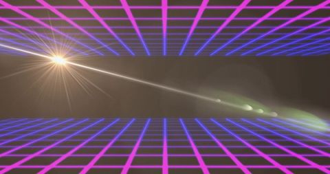 Neon grid tunnel glowing with retro flare and lens artifacts, synthwave cyberpunk stage