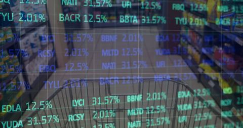 Shopping Cart in Supermarket Aisle with Stock Market Overlay