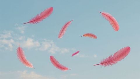 Floating pink feathers in tranquil sky