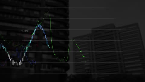 Futuristic Stock Market Data Animation Over Cityscape