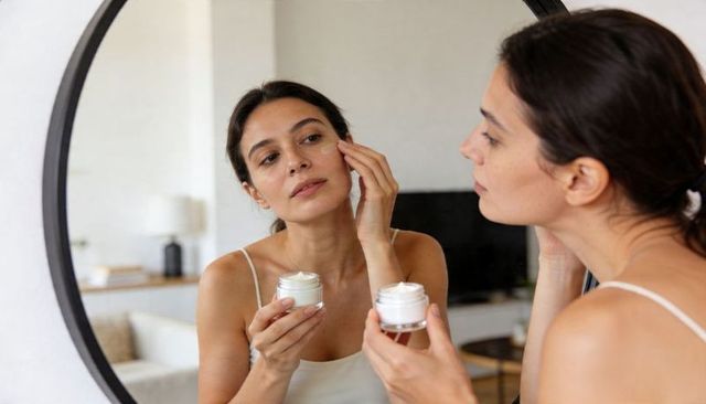 Young woman applying face cream in front of mirror morning skincare routine minimalist