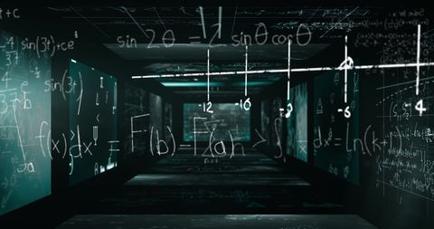 Abstract Maze of Mathematical Equations and Formulas in Futuristic Setting