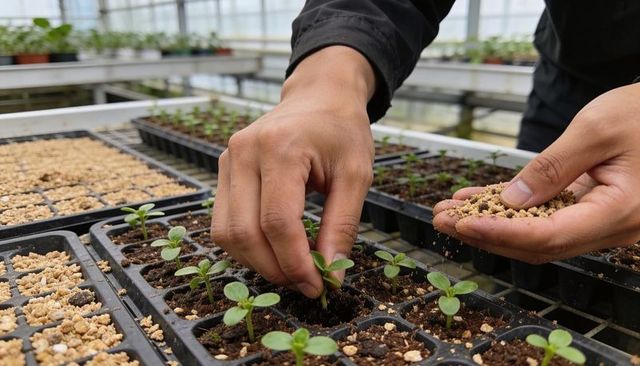 Hands tending seedlings while adding perlite to propagation trays in greenhouse nursery