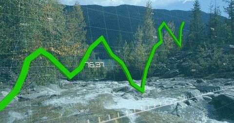 Green graph overlay rippling mountain stream wilderness