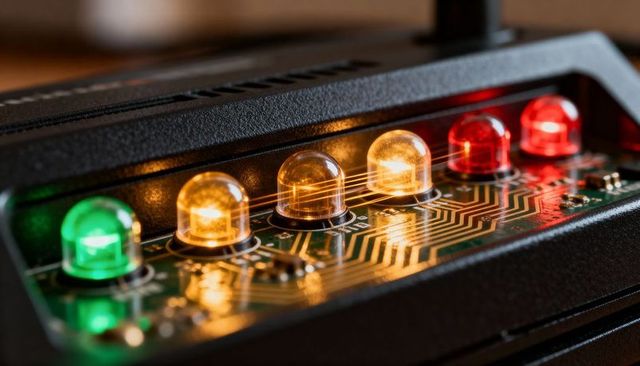 Close-up multicolor dome leds glowing on printed circuit board with copper traces