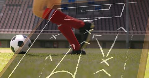 Football player in action with tactical game plan overlay