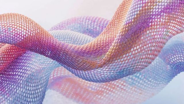 Flowing pastel mesh waves creating translucent honeycomb gradient textile surface