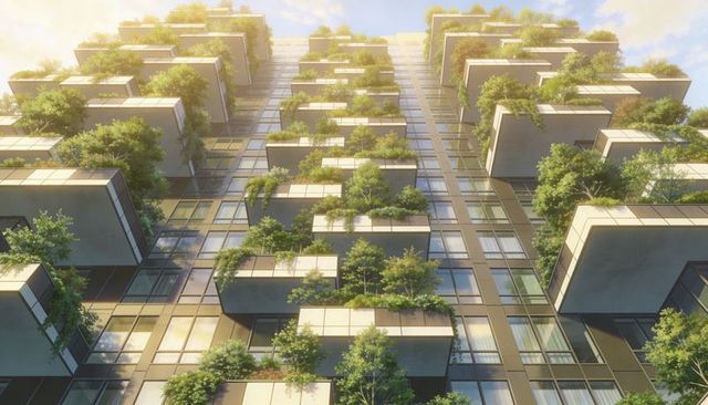 Vertical forest highrise with cantilevered balconies planted with trees at golden hour
