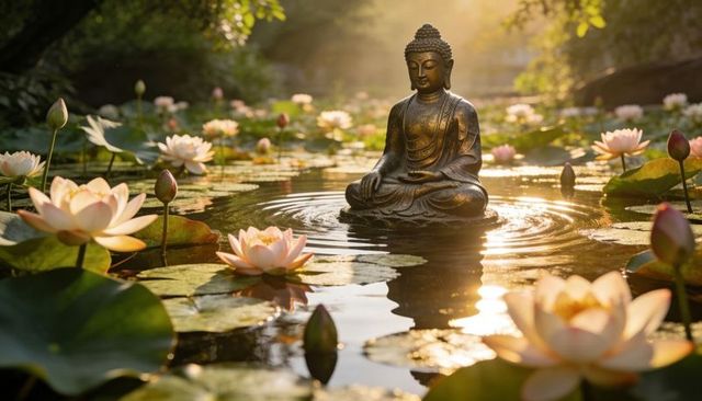Bronze buddha statue meditating on reflective lotus pond with sunbeams, ripples, serenity