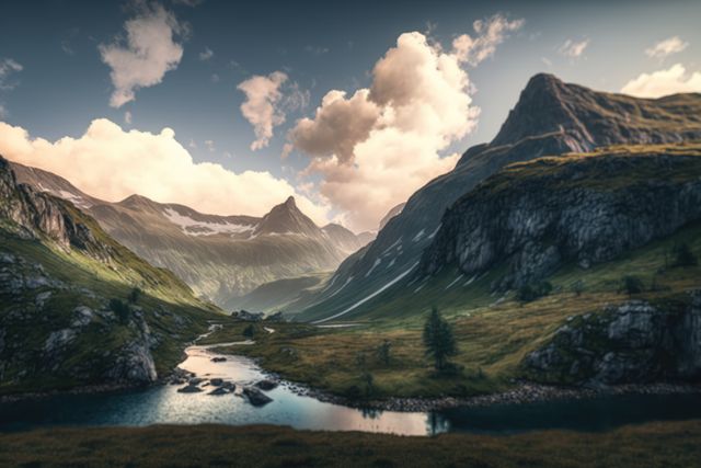 Scenic landscape with mountains, stream and sky with clouds, created using generative ai technology - Download Free Stock Photos Pikwizard.com