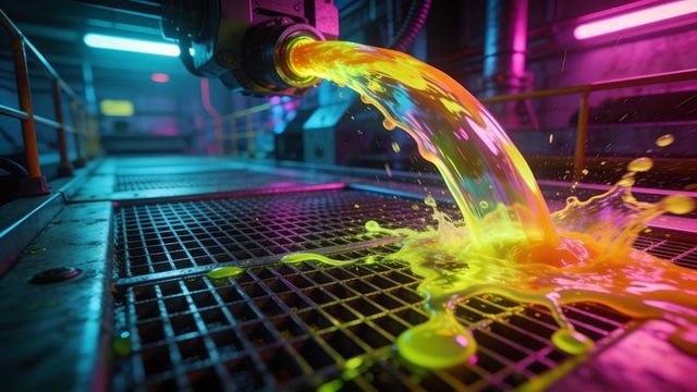 Iridescent neon liquid pouring over industrial grate, yellow-green and magenta splashing