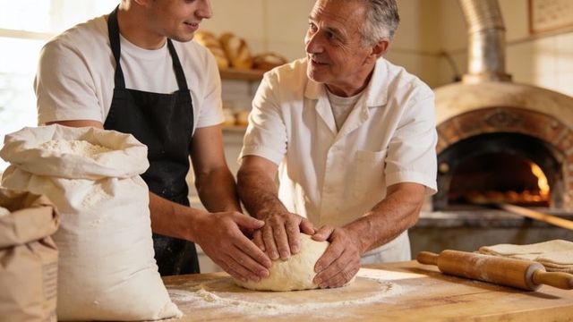 Senior baker guiding young apprentice kneading dough in rustic wood-fired bakery
