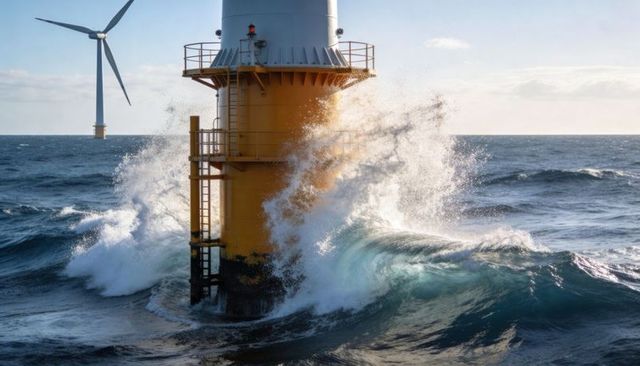 Offshore wind turbine monopile with waves crashing and spray rising at sunrise