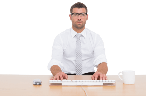 transparent businessman focused at desk with typical work elements - Download Free Stock Videos Pikwizard.com