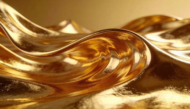 Liquid gold waves reflecting warm light, abstract metallic sculpture for luxury branding and packagi
