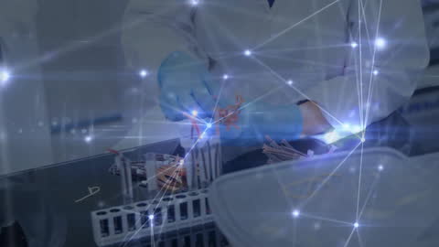 Scientist Analyzing Samples with Digital Connections Graphic Overlay