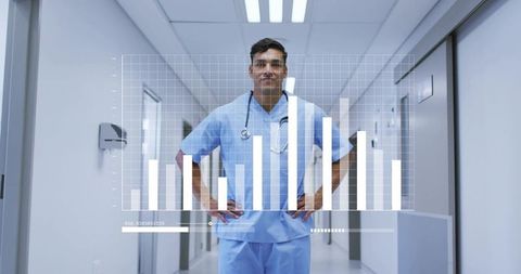Hispanic doctor standing confidently in hospital corridor showing healthcare data overlay