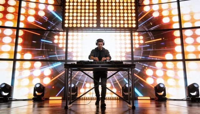 Edm dj mixing live on led stage with dynamic light burst backdrop