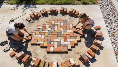 Two women laying circular herringbone brick patio pattern outdoors on concrete slab