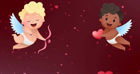 illustration of two joyful cherubs happily flying against a red background filled with hearts. perfect for festive valentine's day cards, romantic decorations, and lovers' gift designs.