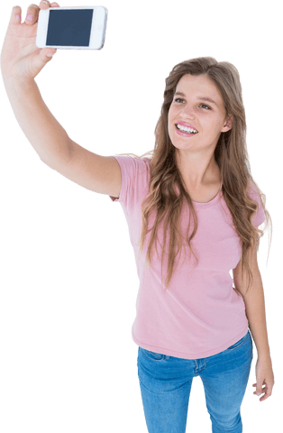Smiling Woman Taking Transparent Selfie in Casual Outfit
