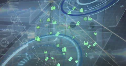 Futuristic Digital Interface with Data and Media Icons