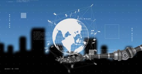 Robotic arm cradling digital earth globe over city skyline with network mesh and hud