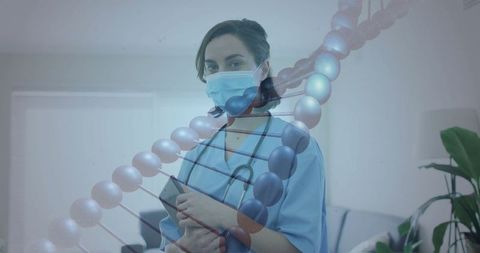 Female Nurse Examining DNA Data with Overlay in Modern Clinic