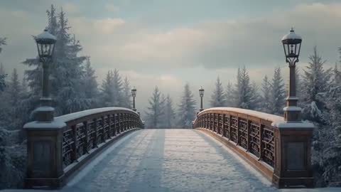 Camera pushing forward over snow-covered ornate footbridge through frosted pine forest