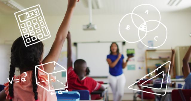 This image depicts students actively raising their hands in a classroom setting, with mathematics-themed vector illustrations overlaying the scene. A teacher stands in the background, blurred to draw focus on student engagement. These vectors visually represent mathematical concepts such as basic arithmetic operations, geometric shapes, and volume. The photo, displaying a diverse group of primary school students eager to participate in a lesson, can be used in educational materials, promotional campaigns for schools, learning apps, or educational websites to emphasize active learning and engagement in mathematics.