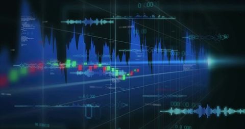 Animating Futuristic Holographic Data Tunnel with 3D Grid, Candlestick Charts, Waveforms