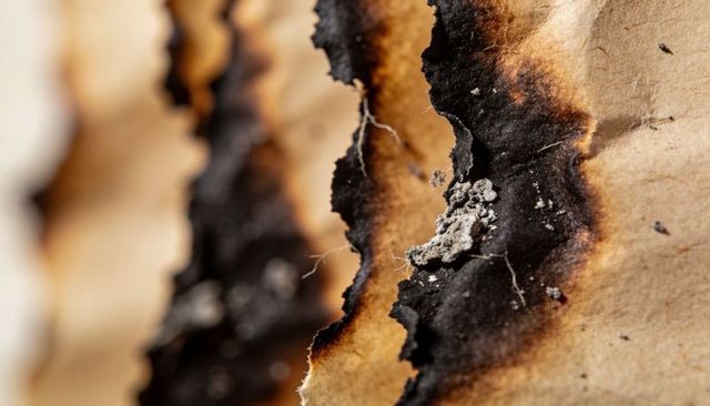 Jagged charred paper edge with powdery ash macro texture for dramatic backgrounds