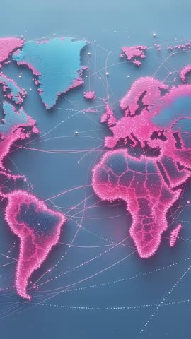 Animating Neon Pixel World Map with Pulsing Nodes and Tracing Global Data Arcs (Vertical Video)
