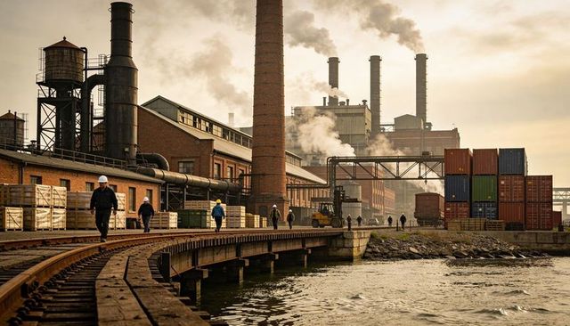 Riverside industrial dock workers walking past stacked shipping containers and smokestacks