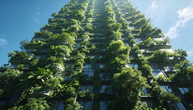 Vertical forest skyscraper featuring cascading greenery, glass balconies and sunlit terraces