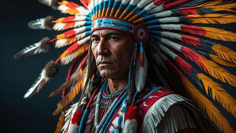 Native american elder wearing feathered war bonnet in studio portrait