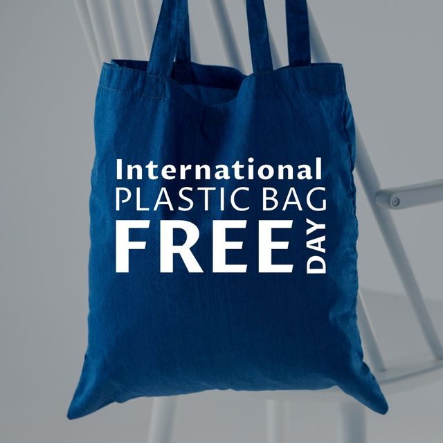 Digital composite image of international plastic bag free day text with blue textile bag hanging. awareness and nature conservation concept, celebration, plastic bags free day.
